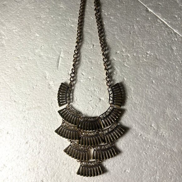 Golden Antique Brass Statement Fan Design Necklace Art Deco Unique Boho Y2K Vint - Picture 7 of 9